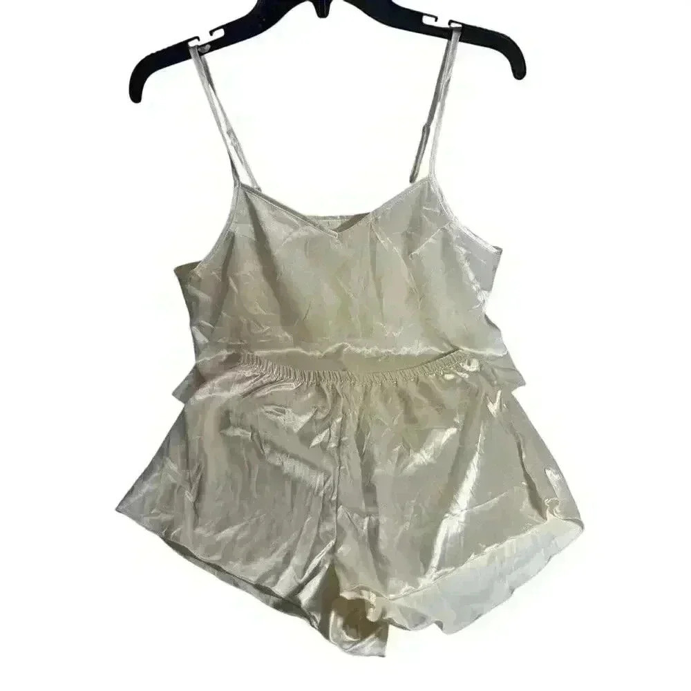 Women's Beige Spaghetti Strap Top Shorts Pajamas L Lounge Wear Large